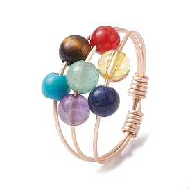 Natural & Synthetic Mixed Gemstone Round Beaded Chakra Theme Fringer Ring, Golden Copper Wire Wrap Finger Ring