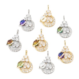 Brass Clear Cubic Zirconia Glass Pendants, Long-Lasting Plated, Lead Free & Cadmium Free, Moon