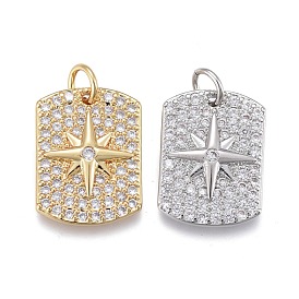 Brass Micro Pave Clear Cubic Zirconia Pendants, with Jump Rings, Long-Lasting Plated, Rectangle with Star