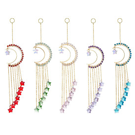 Natural Gemstone Pendant Decorations, with Glass Beads and 304 Stainless Steel Split Rings, Moon & Star