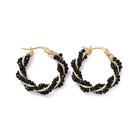 Glass Beaded Twisted Rope Hoop Earrings, 304 Stainless Steel Wire Wrap Jewelry for Women