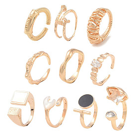 20Pcs 10 Styles Brass Adjustable Open Cuff Rings Set, with Glass and Enamel for Women, Long-Lasting Plated