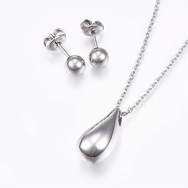304 Stainless Steel Jewelry Sets, Pendant Necklaces and Ball Stud Earrings, Drop