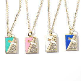 Copper Plated Real Gold Micro Inlaid Zircon Oil Drop Rectangular Cross Pendant Necklace for Women