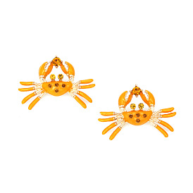 Cute Cartoon Crab Earrings with Exaggerated Alloy Hollow-out, Oil Dripping and Diamond Inlay for Women's Retro Jewelry