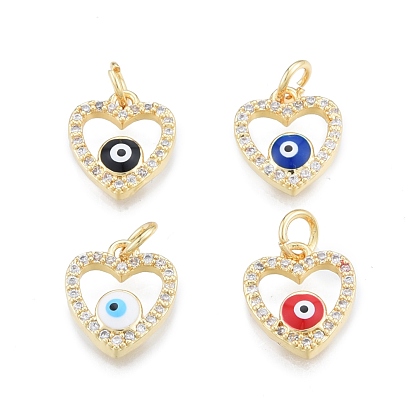 Brass Micro Pave Clear Cubic Zirconia Charms, Cadmium Free & Lead Free, with Enamel and Jump Rings, Golden, Heart with Evil Eye