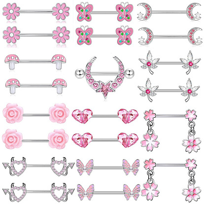 316l Кольца для сосков из хирургической нержавеющей стали с розовыми стразами, цвет нержавеющей стали