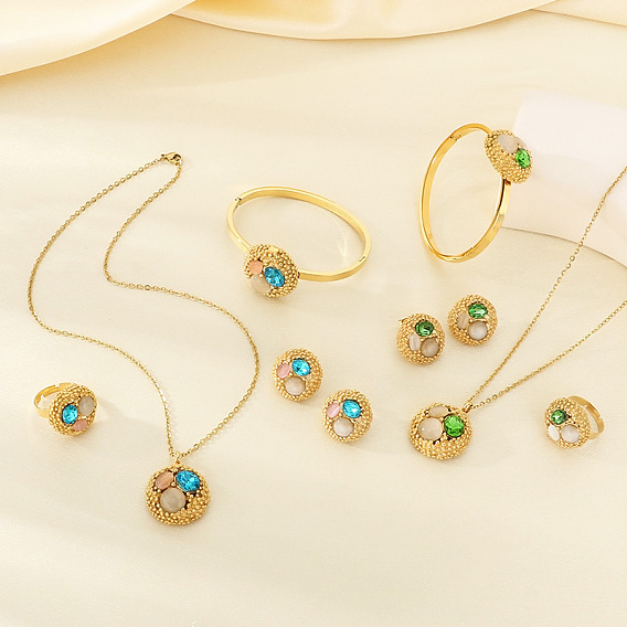 304 Подвески, серьги-гвоздики, кольца и браслеты из нержавеющей стали с кубическим цирконием и подвесками в форме кошачьего глаза, плоско-круглые, золотые