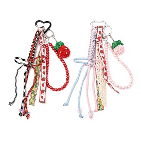 2 подвеска в виде клубники из полиэфирной веревки, стеклянного жемчуга, пластиковых бусин CCB и вязаной крючком шерстяной пряжи, с алюминиевыми застежками-сердечками для ключей