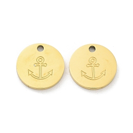 Ion Plating(IP) 316L Surgical Stainless Steel Charms, Flat Round with Anchor Charm