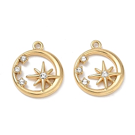 304 Stainless Steel Rhinestone Pendants, Ring with Star Charms, Ion Plating(IP)