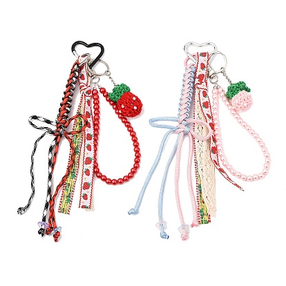 2 подвеска в виде клубники из полиэфирной веревки, стеклянного жемчуга, пластиковых бусин CCB и вязаной крючком шерстяной пряжи, с алюминиевыми застежками-сердечками для ключей