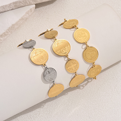 201 женские браслеты с круглыми звеньями из нержавеющей стали, плоские круглые с святым Бенедиктом