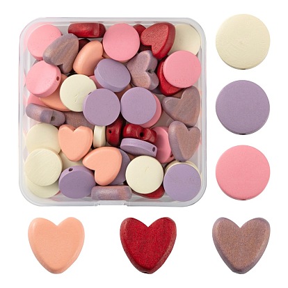 60Pcs 6 Style Painted Natural Poplar Wood Beads, Heart & Flat Round