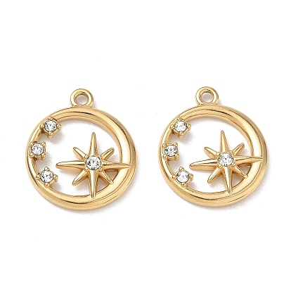 304 Stainless Steel Rhinestone Pendants, Ring with Star Charms, Ion Plating(IP)