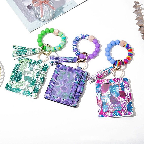 Держатели для фотокарточек из искусственной кожи с цветком/листом/без рисунка, защитный рукав для подвесных карт, визитница с кисточкой и силиконовой бусиной, прямоугольные