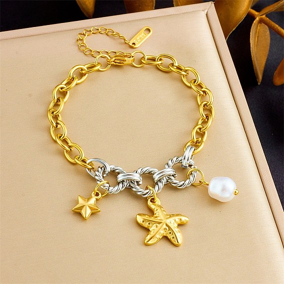 Duo Tone Ocean 304 Stainless Steel Sea Animals Charm Bracelets with Imitaiton Pearl for Women, White, Golden & Stainless Steel Color