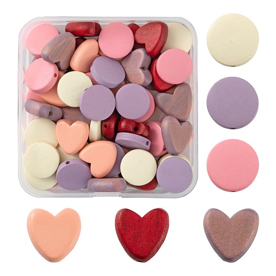 60Pcs 6 Style Painted Natural Poplar Wood Beads, Heart & Flat Round