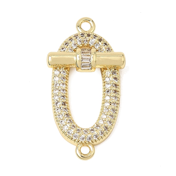 Brass Micro Pave Clear Cubic Zirconia Connector Charms, Oval Shackle Links, Rack Plating, Long-Lasting Plated, Cadmium Free & Lead Free