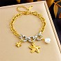 Duo Tone Ocean 304 Stainless Steel Sea Animals Charm Bracelets with Imitaiton Pearl for Women, White, Golden & Stainless Steel Color