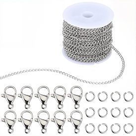 Наборы для изготовления ожерелий своими руками, включая 304 цепочки из нержавеющей стали с витым плетением, застежки-карабины и соединительные кольца.