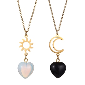 2Pcs 2 Style Opalite & Natural Obsidian Heart Pendant Necklaces Set, Sun & Moon 304 Stainless Steel Necklaces