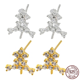 Tree 925 Sterling Silver Micro Pave Clear Cubic Zirconia Stud Earring Findings, for Half Drilled Beads, with S925 Stamp