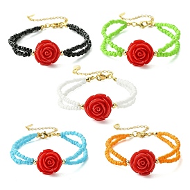 Glass Seed Beads Multi-strand Bracelets, Red Resin Rose Flower Bracelets