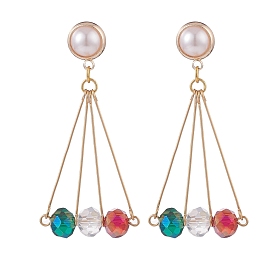 Glass Beaded Half Round with Triangle Dangle Stud Earrings, 304 Stainless Steel Big Drop Earrings for Women, Golden