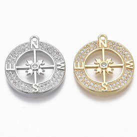 Brass Micro Pave Cubic Zirconia Pendants, Nickel Free, Flat Round with Four Cardinal Directions, Clear