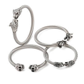 Viking 304 Stainless Steel Open Cuff Bangles for Men, Antique Silver, Tiger/Dragon/Skull/Lion