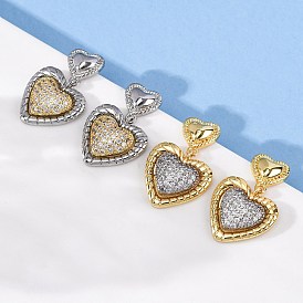 Серьги-подвески из латуни с прозрачным кубическим цирконием и прозрачным паве, сердце, без кадмия и без свинца, стойки покрытие, долговечный