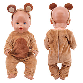 Bear Animal Cloth Doll Jumpsuit & Headband Outfits, Pajamas Casual Wear Clothes Set, for 18 inch Girl Doll Dressing Accessories
