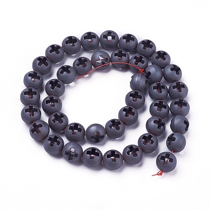 Non-magnetic Synthetic Hematite Beads Strands, Frosted, Flat Round with Cross