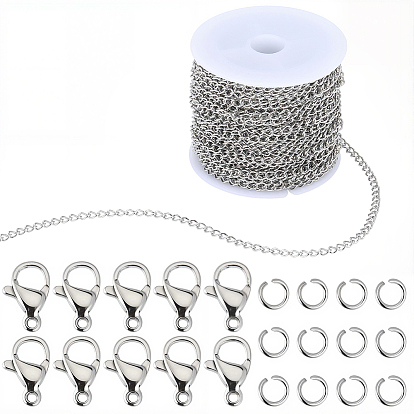 Наборы для изготовления ожерелий своими руками, включая 304 цепочки из нержавеющей стали с витым плетением, застежки-карабины и соединительные кольца.