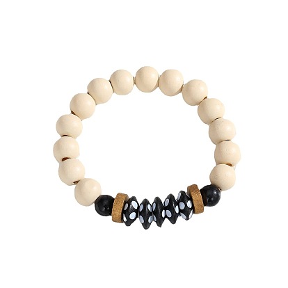 Chic Elastic Bracelet with Wooden Beads and Letter Charms - Trendy Personalized Jewelry