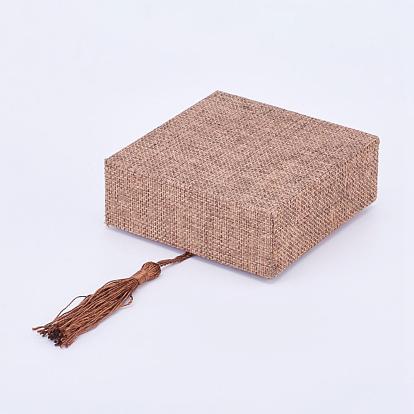 Wooden Bracelet Boxes, with Linen and Nylon Cord Tassel, Rectangle