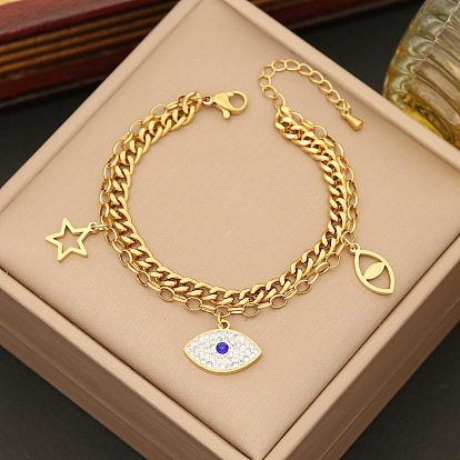 304 многорядные браслеты из нержавеющей стали и кубических звеньев, Браслеты с подвесками в виде глаз и звезд для женщин, с кубического циркония