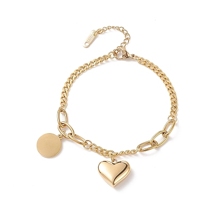 Bracelet à breloques coeur et plat rond en acier inoxydable pour femme