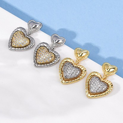 Серьги-подвески из латуни с прозрачным кубическим цирконием и прозрачным паве, сердце, без кадмия и без свинца, стойки покрытие, долговечный