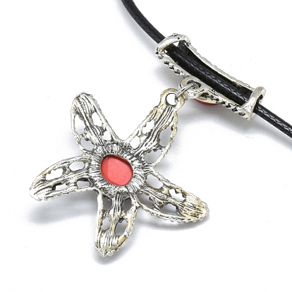 Alloy Rhinestone Pendant Necklaces, with Turquoise and Waxed Cord, Starfish/Sea Stars