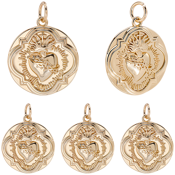 12Pcs Brass Pendants, Flat Round with Heart