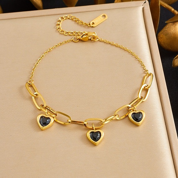 304 из нержавеющей стали горный хрусталь шарм браслеты, браслеты-цепочки для женщин, сердце