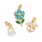 Brass Micro Pave Cubic Zirconia Pendants, with Resin, Flower Charms, Real 18K Gold Plated