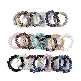 Round Natural & Synthetic Gemstone Beads Stretch Rings for Unisex