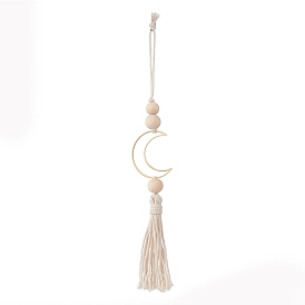 Natural Wood Bead Tassel Pendant Decoraiton, Moon Brass Linking Rings and Macrame Cotton Cord Hanging Ornament