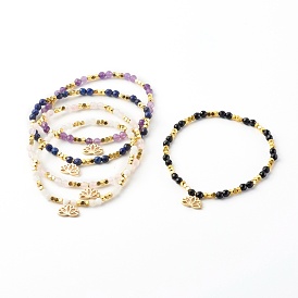 Brass Lotus Stretch Charm Bracelets, with Non-magnetic Synthetic Hematite & Natural Mixed Gemstone Beads, Golden