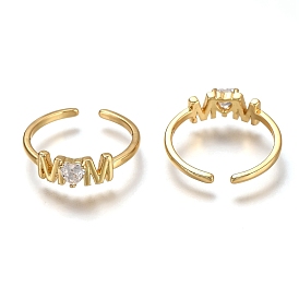 Brass Micro Pave Clear Cubic Zirconia Cuff Rings, Open Rings, Mother's Day Gifts, Long-Lasting Plated, Word Mom