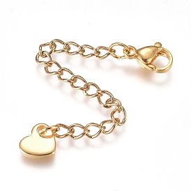 304 Stainless Steel Chain Extender, with Lobster Claw Clasps and Charms, Heart