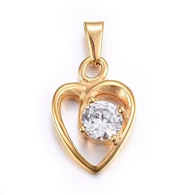 304 Stainless Steel Pendants, with Cubic Zirconia, Heart, Clear